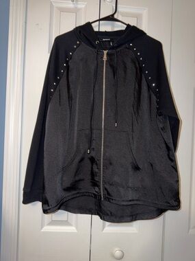 DKNY Black Hooded Zip-Front Bomber Jacket with Stud Accents